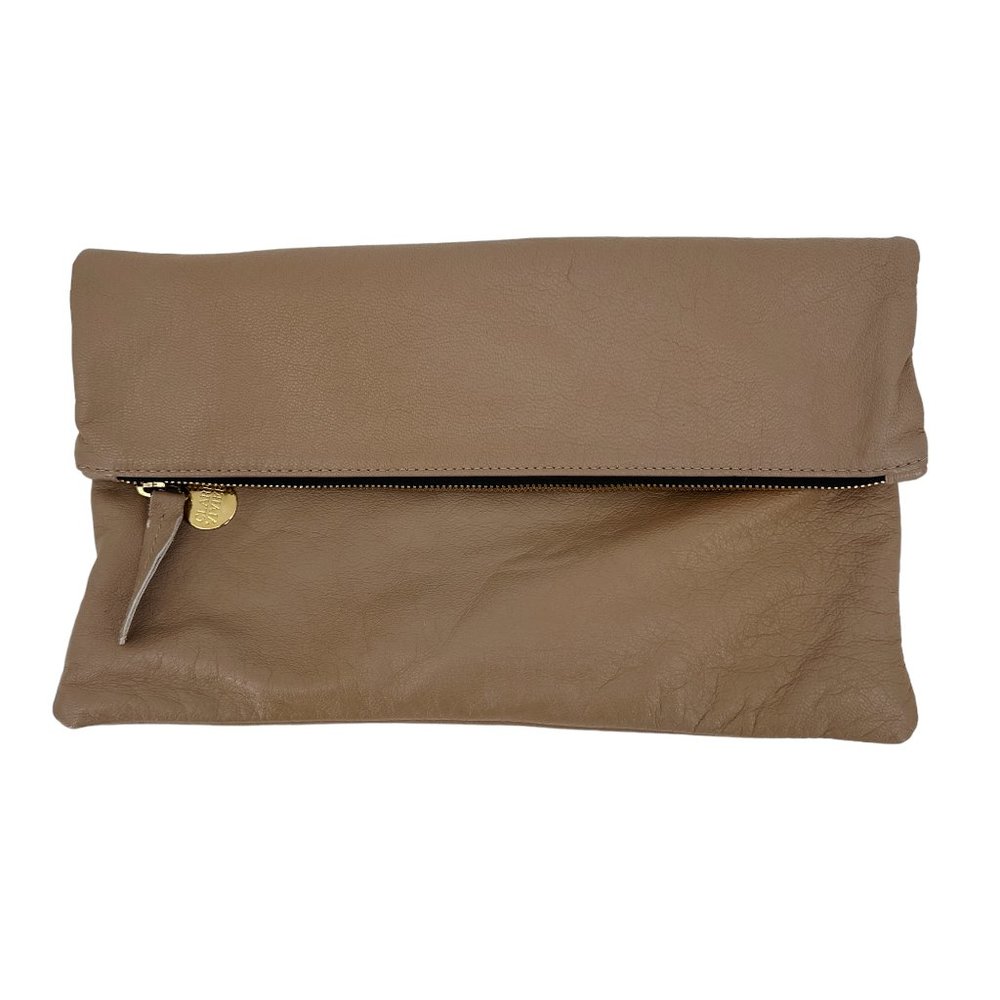 Clare V Fold-Over Leather Clutch in Taupe